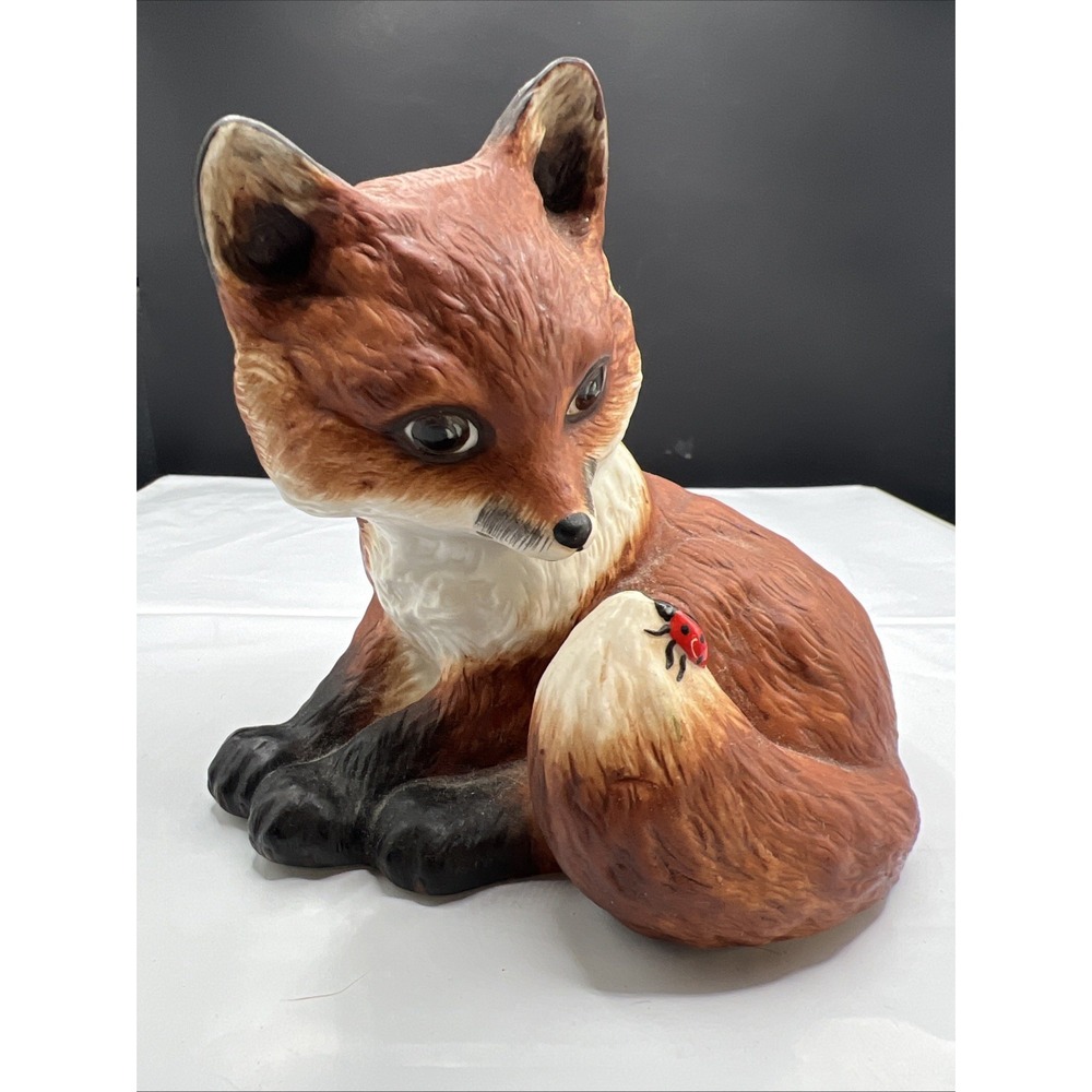 Vintage 1985 Franklin Mint Outfoxed Porcelain Red Fox Ladybug Figurine